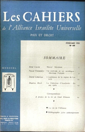 Les Cahiers de l'Alliance Israélite Universelle (Paix et Droit).  N°089 (01 févr. 1955)